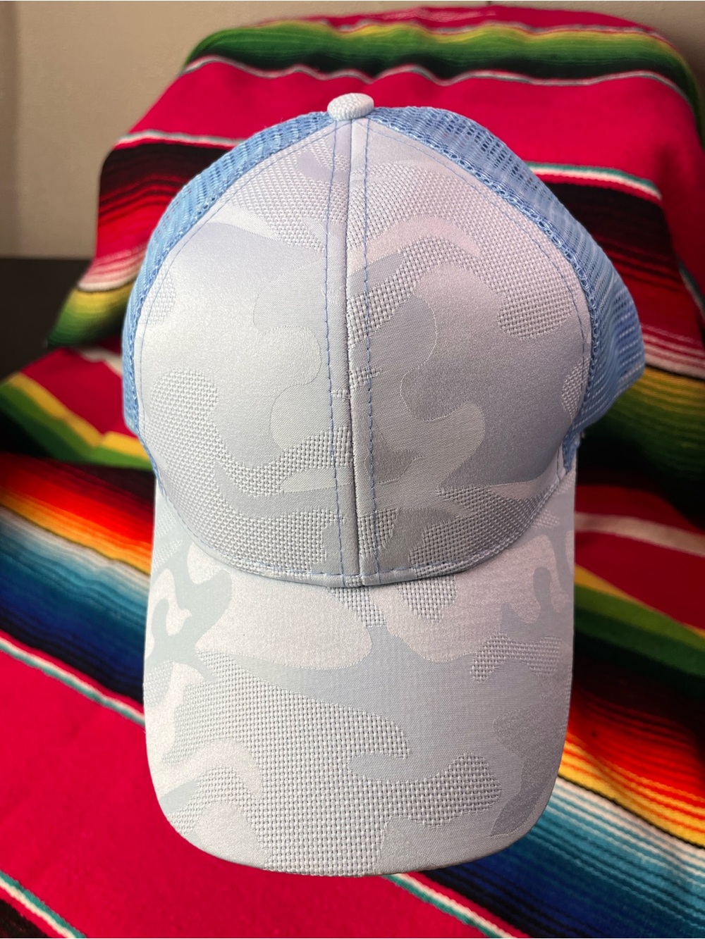Light blue, subtle camo print, Trucker Hat with messy bun back